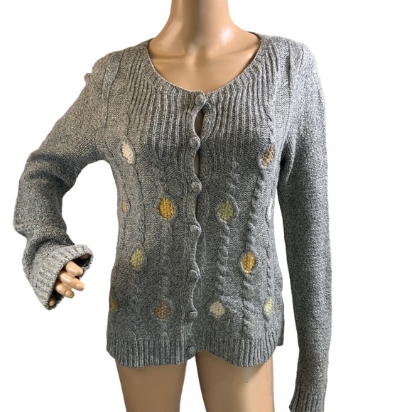Charlie & Robin Sweaters - Charlie Robin Gray Cable Knit Button Up Long Sleeve Wool Cardigan Med Twee Artsy